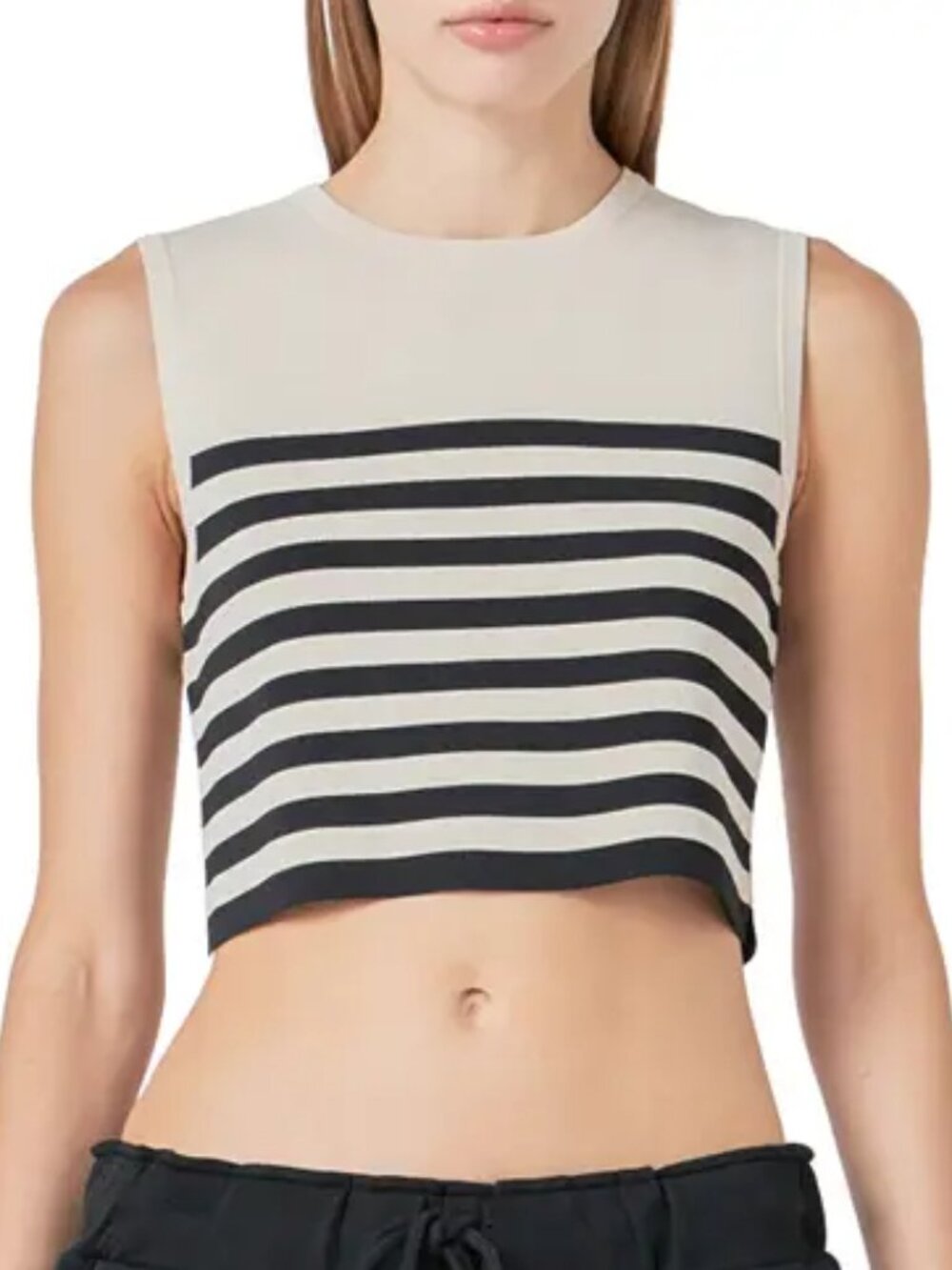 Grey Lab Striped Crop Knit Tank Top Crewneck Sleeveless Beige Black Size XS